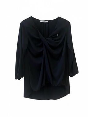 Rinascemento Blouse Sz Medium Italian Black Draped Front Low High Hem